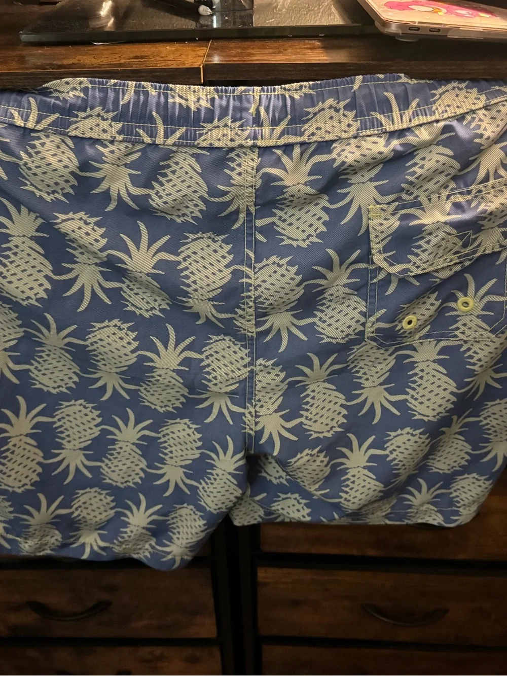 Men's Blue Pineapple Print Swim Trunks with Yellow Drawstring Size Large
